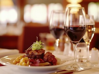 Naklejka premium Exquisite Fine Dining Arrangement with Wine Glasses