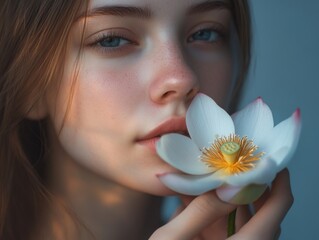Young Lady Holding a Lotus Flower