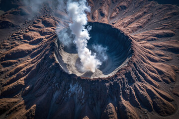 Active Mount Merapi volcano with caldera steam