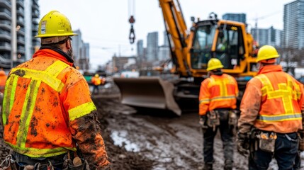 Construction workers overseeing machinery in urban setting