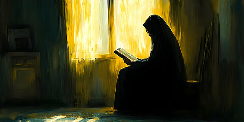 Woman Reading Book, Golden Light Painting