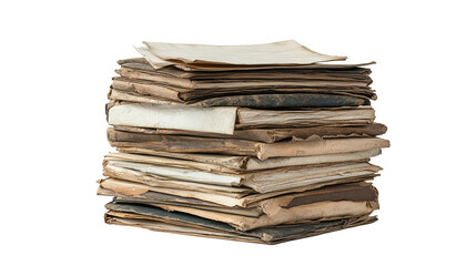 Stack of old paper letters isolated on transparent white background