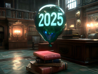 2025 New Year Balloon in Library 3D Illustration