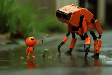 Little Robot Offering a Plant to a Larger Robot in the Rain