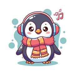 Cute penguin with headphones and scarf. Vector cartoon illustration.
