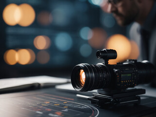 Professional Videographer Analyzing Data and Filming Equipment for Strategic Content Creation


