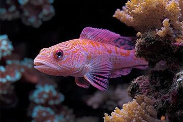 Obraz premium Colorful Pink and Orange Grouper Fish Swimming Near Coral Reef in Dark Water
