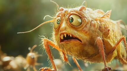 Obraz premium Fuzzy insect, large eyes, surprised expression.