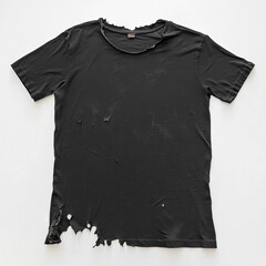 A plain black T-shirt with worn edges, slightly ripped at the bottom and stained in some places, on a white background