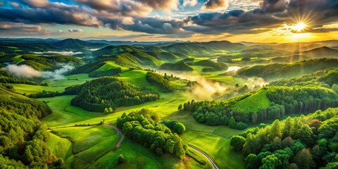 Aerial View of Lush Green Landscape with Light Green Soot Effect Captured by Drone, Showcasing Nature's Beauty and Unique Textures from Above in a Serene Environment