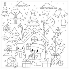 Fototapeta premium Christmas Hygge cute and cozy coloring book for kids and adults. Cozy Christmas Cats Holiday Coloring Book for children.