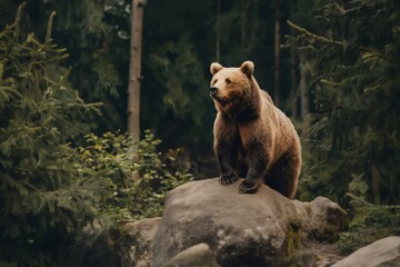 Fototapeta premium Majestic brown bear standing on a rock in a lush pine forest, exuding power and wilderness