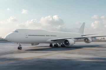 Obraz premium Customizable white luxury air cargo plane taxiing along the runway at an airport, ready for international delivery and logistics operations