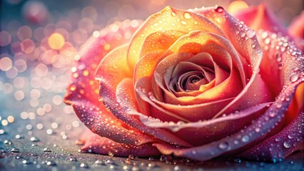 Macro close-up: glistening dew clings to rose petals, minimalist beauty in nature's detail.