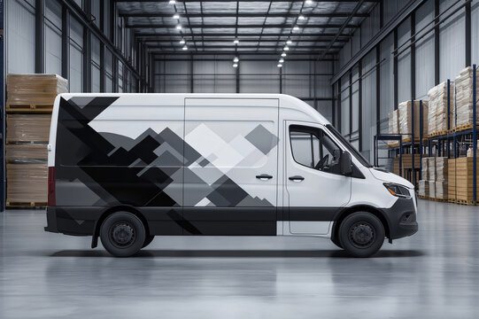 White delivery van with customizable black and grey wrap design parked inside a warehouse, ready for shipping and logistics operations