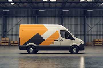 Customizable delivery van parked inside a warehouse, showcasing a modern and vibrant wrap design