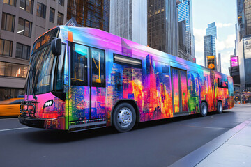 Obraz premium Customizable public transit bus wrap showcasing a vibrant cityscape, driving through the bustling streets of new york