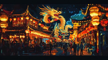 A vibrant night scene with illuminated lanterns shaped like dragons and phoenixes, surrounded by visitors in a historic Chinese town 
