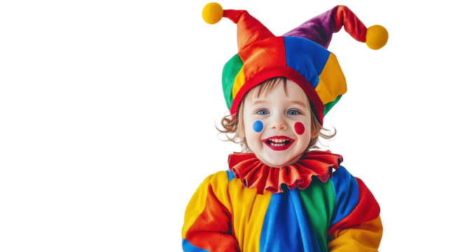 Joyful Child in Colorful Jester Outfit Perfect for Creative Events, Parties, and Celebrations.