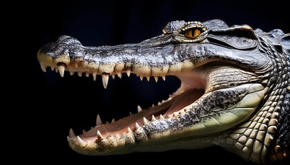 Fototapeta premium Crocodile close-up, wildlife portrait, intense gaze, scaly texture, sharp teeth, reptile macro