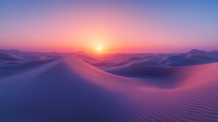 A serene desert landscape at sunset, showcasing rolling sand dunes and vibrant colors.