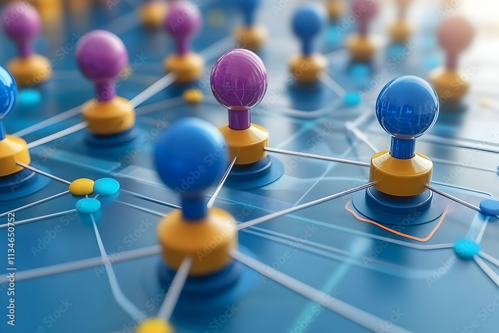 Poster abstract network connection visualization with colorful nodes and lines.