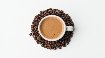Obraz premium Coffee cup surrounded by roasted coffee beans