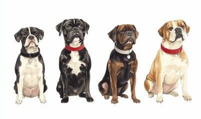 Obraz premium Four dogs, painted, sitting, wearing collars.
