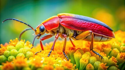 Fototapeta premium Macro photography reveals a vibrant red and yellow Rhagonycha fulva beetle, its soft body subtly double-exposed.