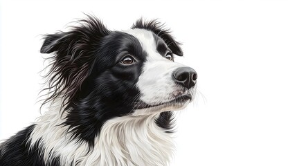 Fototapeta premium A stunningly realistic portrait of a Border Collie, showcasing its intelligent expression and striking black and white fur against a minimalist white backdrop that highlights its features.