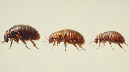 Three brown insects arranged in a row.