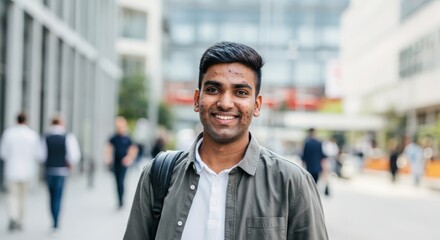 Young adult indian male with backpack in urban cityscape for diverse business and educational themes