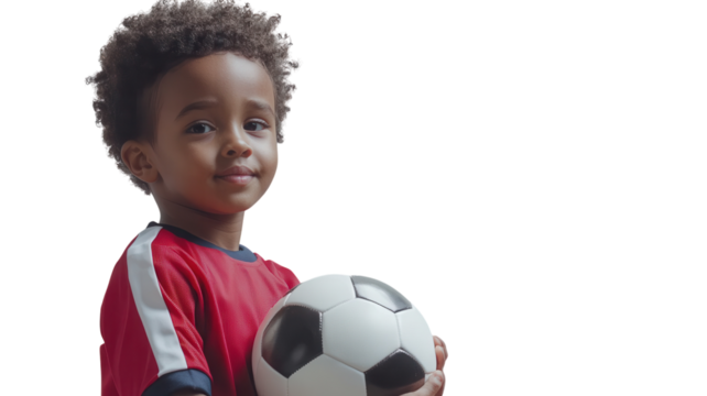 A young child dressed in a vibrant soccer uniform joyfully holding a soccer ball, perfect for sports-themed materials, advertisements, or promotions targeting youth engagement in athletics..