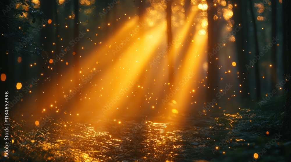 Aufkleber a serene forest scene with golden sunlight filtering through trees, creating a magical atmosphere.