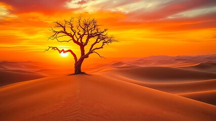 A lone, weathered tree stands silhouetted against a vibrant desert sunset, the fiery hues painting the sand dunes in warm, golden light.