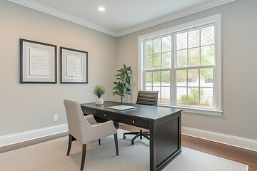 Fototapeta premium A clean workspace featuring a black desk, a simple chair, and a single framed artwork on the wall