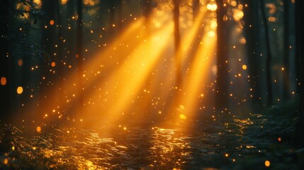 Naklejka premium A serene forest scene with golden sunlight filtering through trees, creating a magical atmosphere.