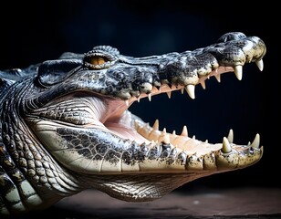 Obraz premium Crocodile Close-Up. Close-up view of a crocodile's open mouth with visible teeth