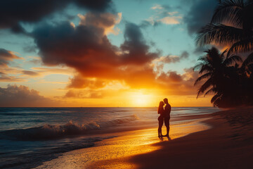 Fototapeta premium A couple sharing a romantic hug on a sunset beach, expressing love and connection on International Hug Day