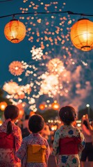 Japanese Summer Festival: Children Watching Fireworks