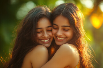 A heartwarming moment of two friends sharing a tight hug, smiling in celebration of International Hug Day