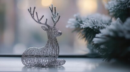 Elegant Silver Wireframe Deer Figurine on Frosted Window Sill Surrounded by Winter Greenery, Capturing the Essence of Holiday Decor and Seasonal Cheer