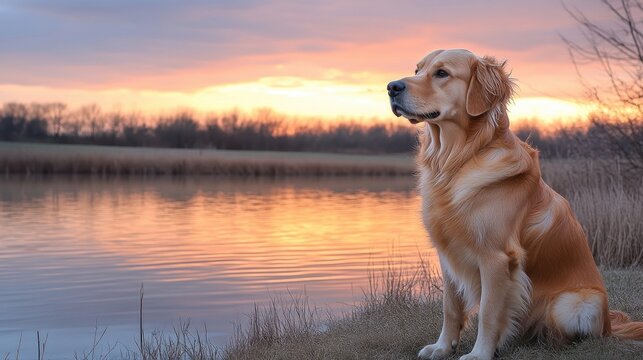 Golden retriever by lake at sunset with glowing fur