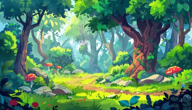 Magical forest glade. Serene woodland escape. Misty forest landscape. Nature cartoon landscape background.