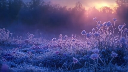 Fototapeta premium A serene frosty landscape at dawn with flowers and soft light.