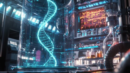 Scientific visuals of dna synthesis in a high-tech futuristic laboratory environment