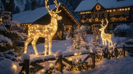 Festive Winter Wonderland with Glowing Reindeer Decorations Among Snowy Landscape and Charming Holiday Lights on Cozy Cabin