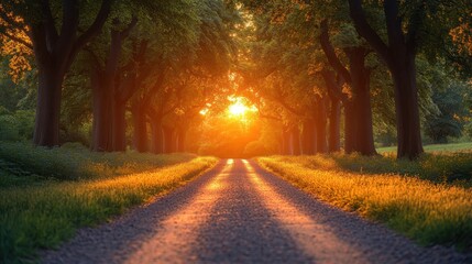 Fototapeta premium A serene gravel road lined by trees, illuminated by a warm sunset glow.