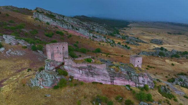 Landscape at the castle of Zafra (12th century). Municipality Campillo Due&ntilde;as. Aerial view from drone. Molina Alto Tajo Geopark. Alto Tajo Natural Park. Guadalajara. Castilla la Mancha. Spain. Europe