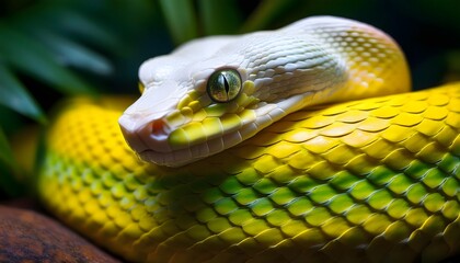 Obraz premium Detailed close-up of a snake's vibrant yellow and green scales, its head slightly raised with focused eyes.